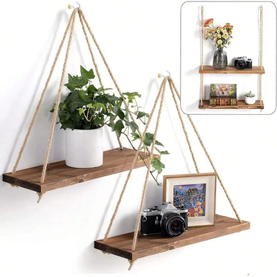 Wooden hanging swing shelf with rope for plants and décor.