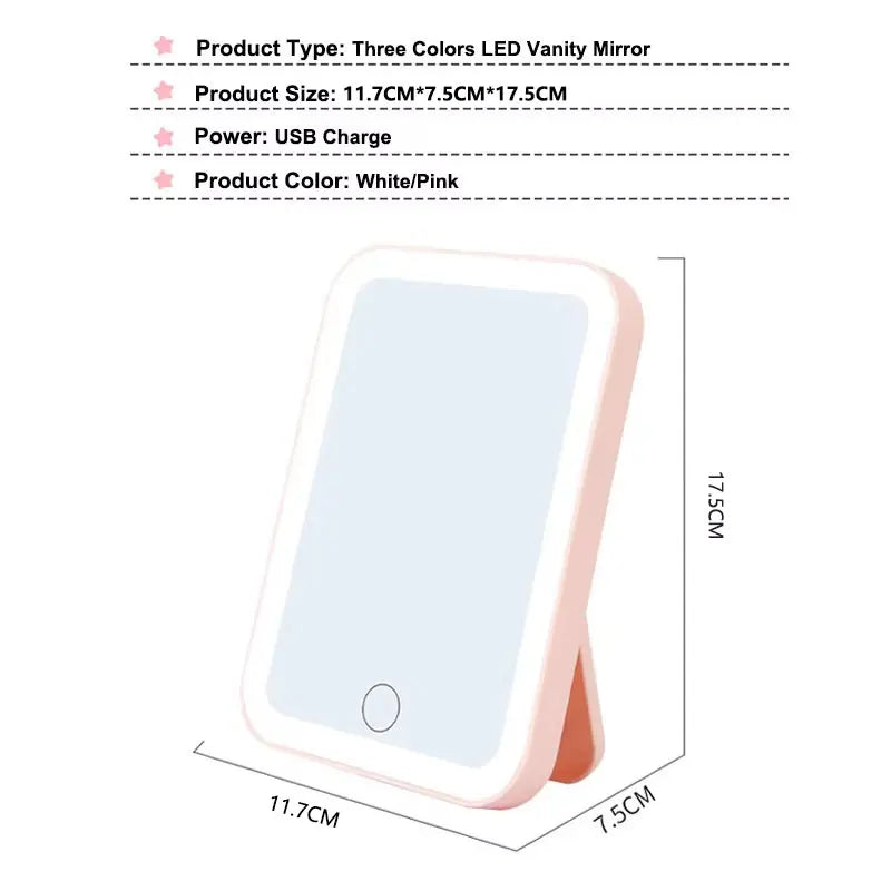 Portable LED Makeup Mirror, 3 Colors, USB Rechargeable