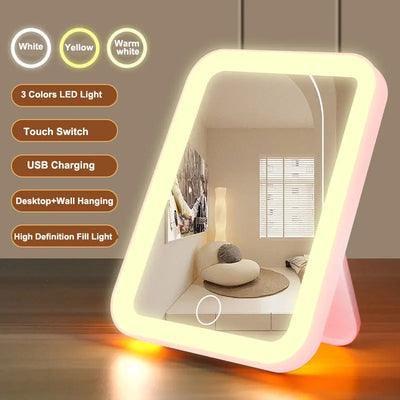 Portable LED Makeup Mirror, 3 Colors, USB Rechargeable