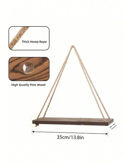 Wooden hanging swing shelf with rope for plants and décor.