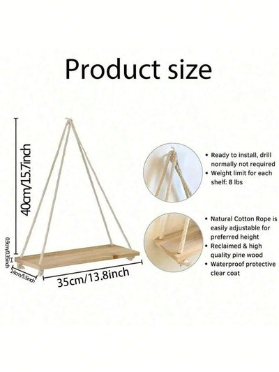 Wooden hanging swing shelf with rope for plants and décor.